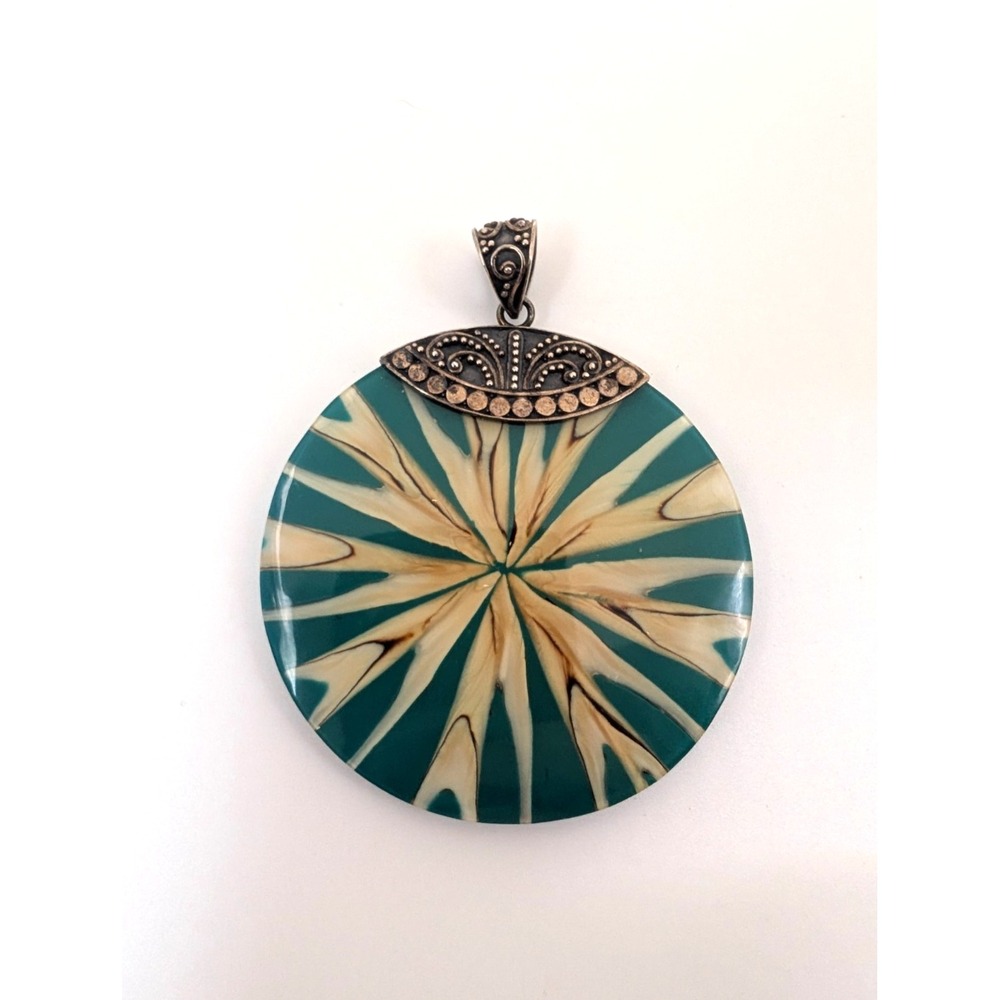 Meran 925 Sterling Silver Pendant Teal Cream Swirl Indonesia Signed 2"
